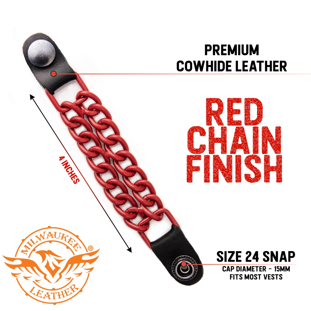Milwaukee Leather MLA1092 Red 4 Inch Single Vest Extender - Double Chrome Chains w/ Genuine Leather