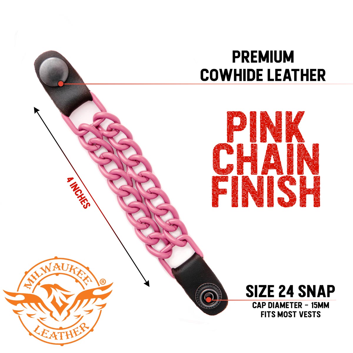Milwaukee Leather MLA1094 Pink 4 Inch Single Vest Extender - Double Chrome Chains w/ Genuine Leather