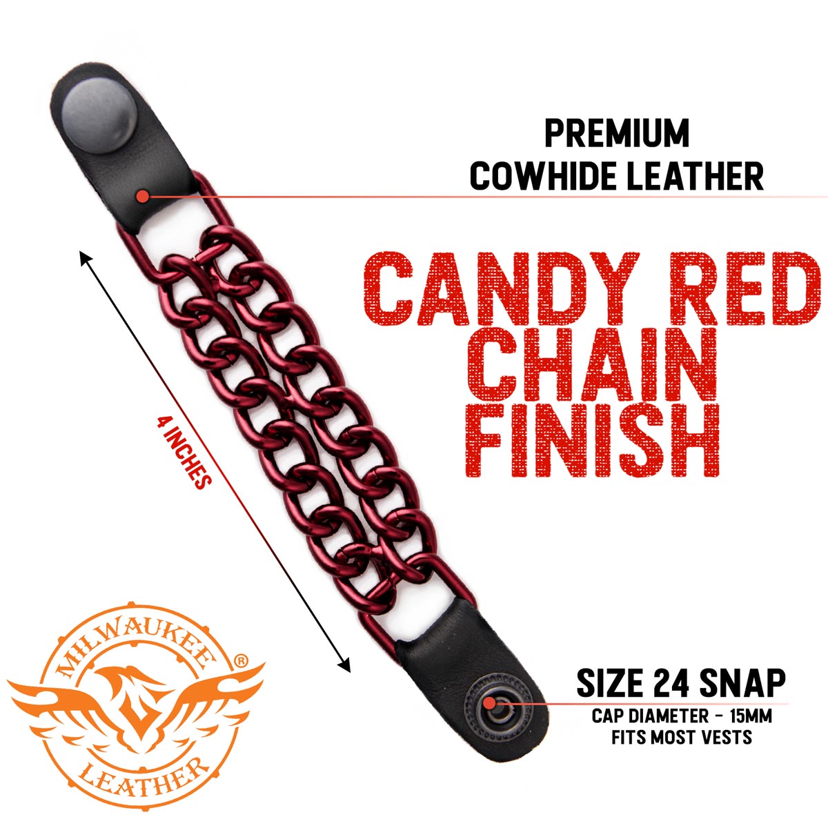 Milwaukee Leather MLA1096 Candy Red 4 Inch Single Vest Extender - Double Chrome Chains w/ Genuine Leather
