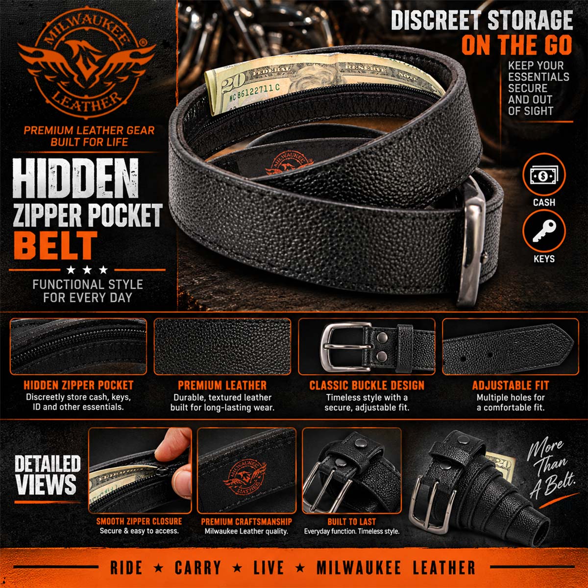 Milwaukee Leather MP7150 Men's Black Genuine Cowhide Leather Money Belt W/ Secure Front Buckle for Motorcycle Rider