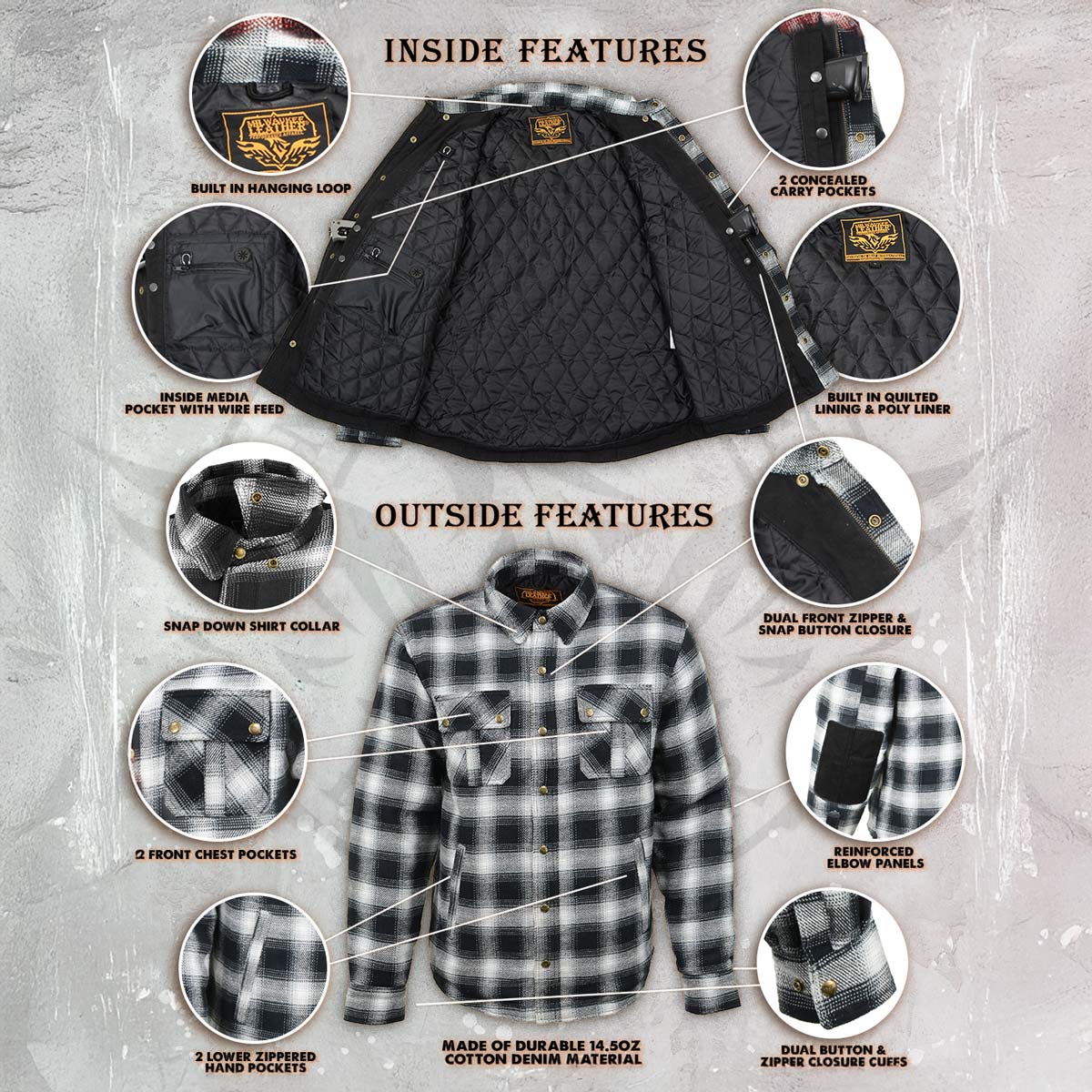 Milwaukee Leather MPM1638 Men's Black and White Checkered Flannel Motorcycle Riding Shirt