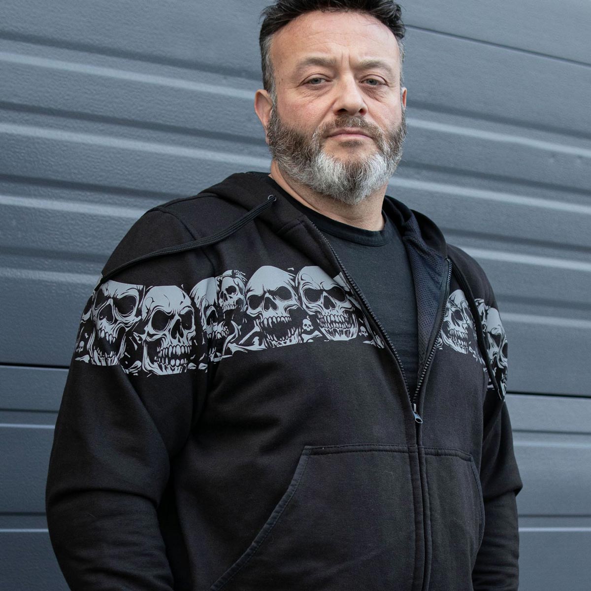 Milwaukee Leather Men's Bare Bones Black Reflective Skull CE Armored Riding Hoodie, Shoulder and Elbow Armor - MPM1798