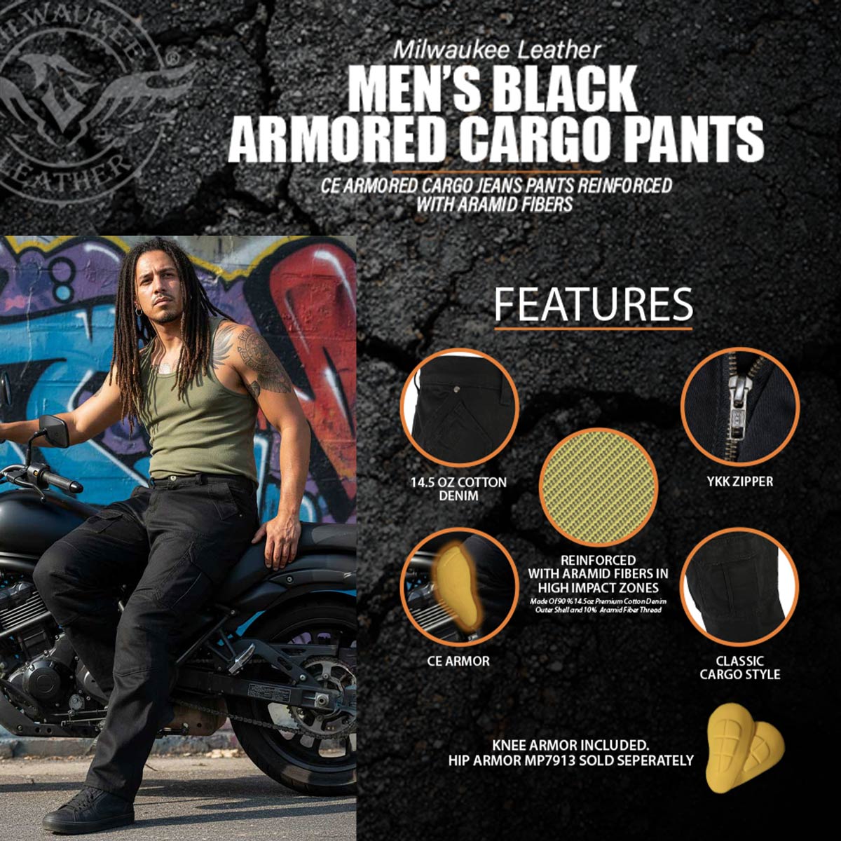 Milwaukee Leather MPM5590 Men's Black CE Armored Cargo Jeans Pants Reinforced w/ Aramid by DuPont Fibers