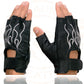Milwaukee Leather SH198 Men's Black Leather Gel Padded Palm Fingerless Motorcycle Gloves w/ Grey Flame Embroidery