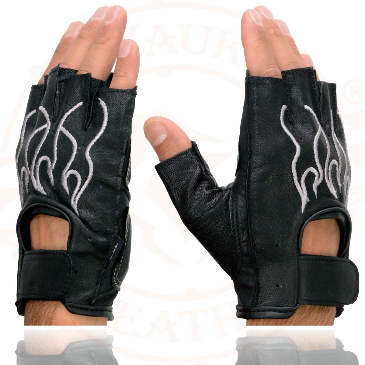 Milwaukee Leather SH198 Men's Black Leather Gel Padded Palm Fingerless Motorcycle Gloves w/ Grey Flame Embroidery