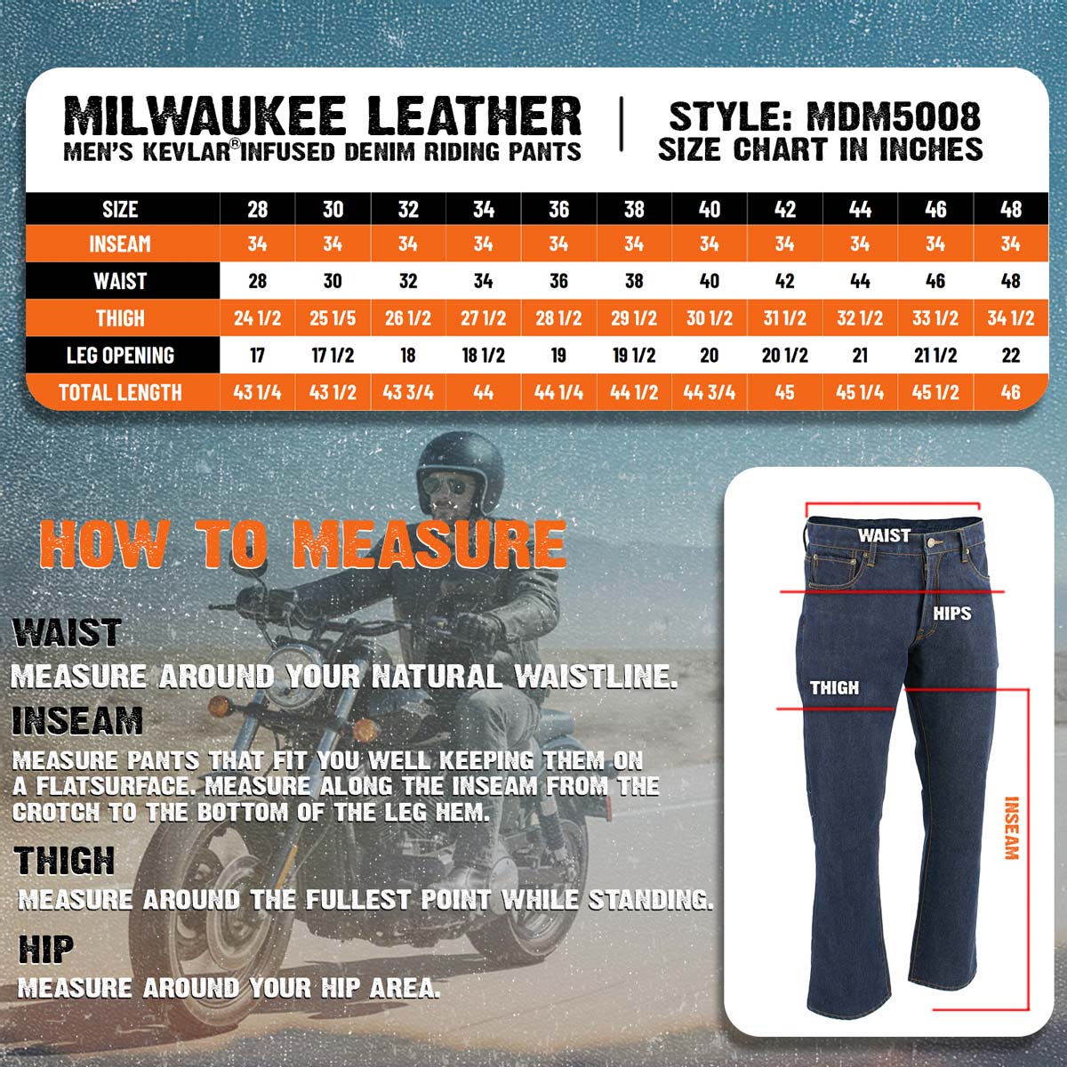 Milwaukee Leather MDM5008 Men's Blue 5 Pocket Tear Resistant Motorcycle Denim Jeans Infused w/ Aramid Fibers