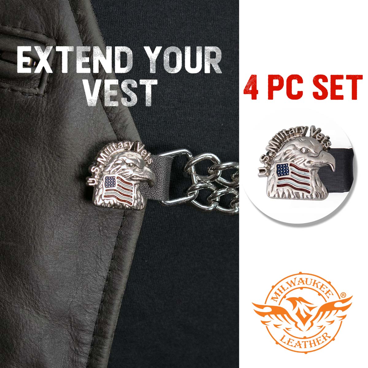 Milwaukee Leather US Military Vet Medallion Vest Extender - Double Chrome Chains Genuine Leather 6.5" Extension MLA1023-Single