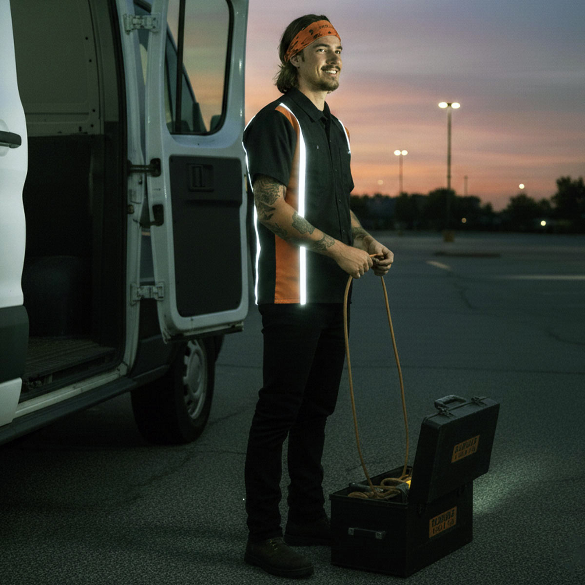 Milwaukee Motorcycle Clothing Co. Men’s Blk/Orange Mechanic Work Shirt – w / Reflective Strip, Rider‑Built MDM11610