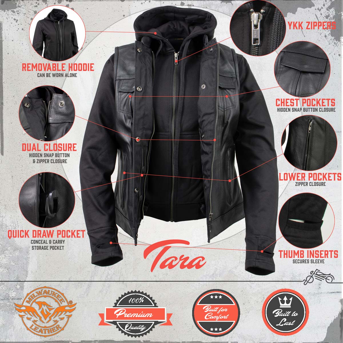 Milwaukee Leather Women's Tara Black Leather Motorcycle Rider 2-in-1 Convertible Hoodie Jacket Vest