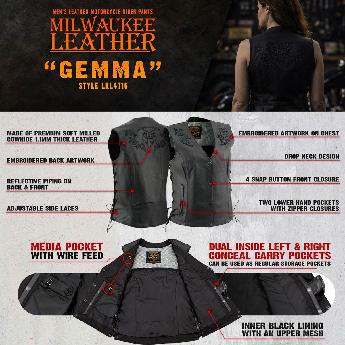 Milwaukee Leather Women's Bling V-Neck Leather Motorcycle Vest with Rhinestone Detail
