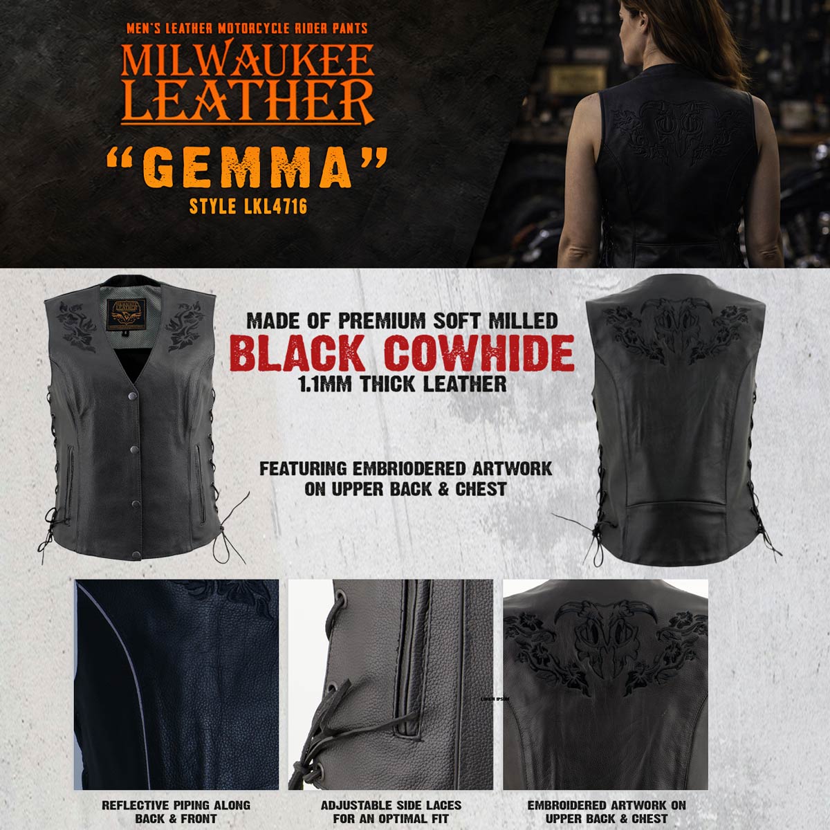 Milwaukee Leather Women's Bling V-Neck Leather Motorcycle Vest with Rhinestone Detail