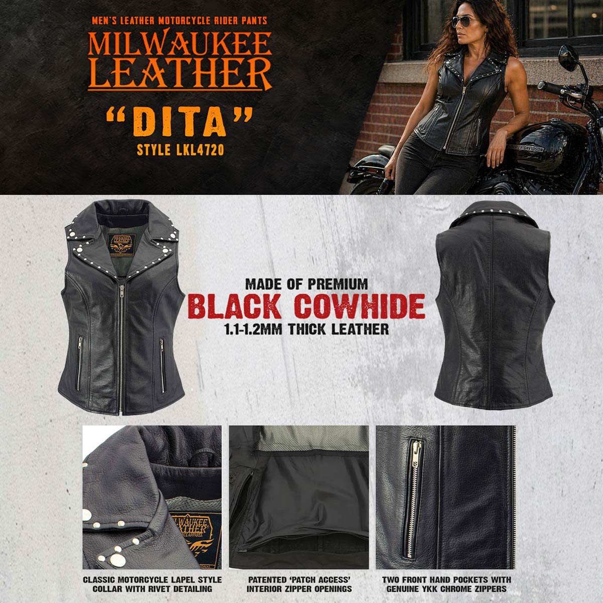 Milwaukee Leather Women's Dita Black Motorcycle Leather Vest w/ Riveted Lapel Collar - LKL4720
