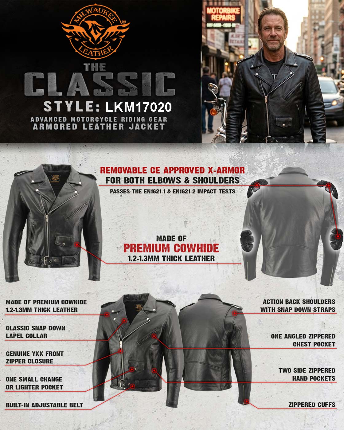 Milwaukee Leather Men's Classic Armored Black Leather Motorcycle Jacket w/ CE Armor - LKM17020