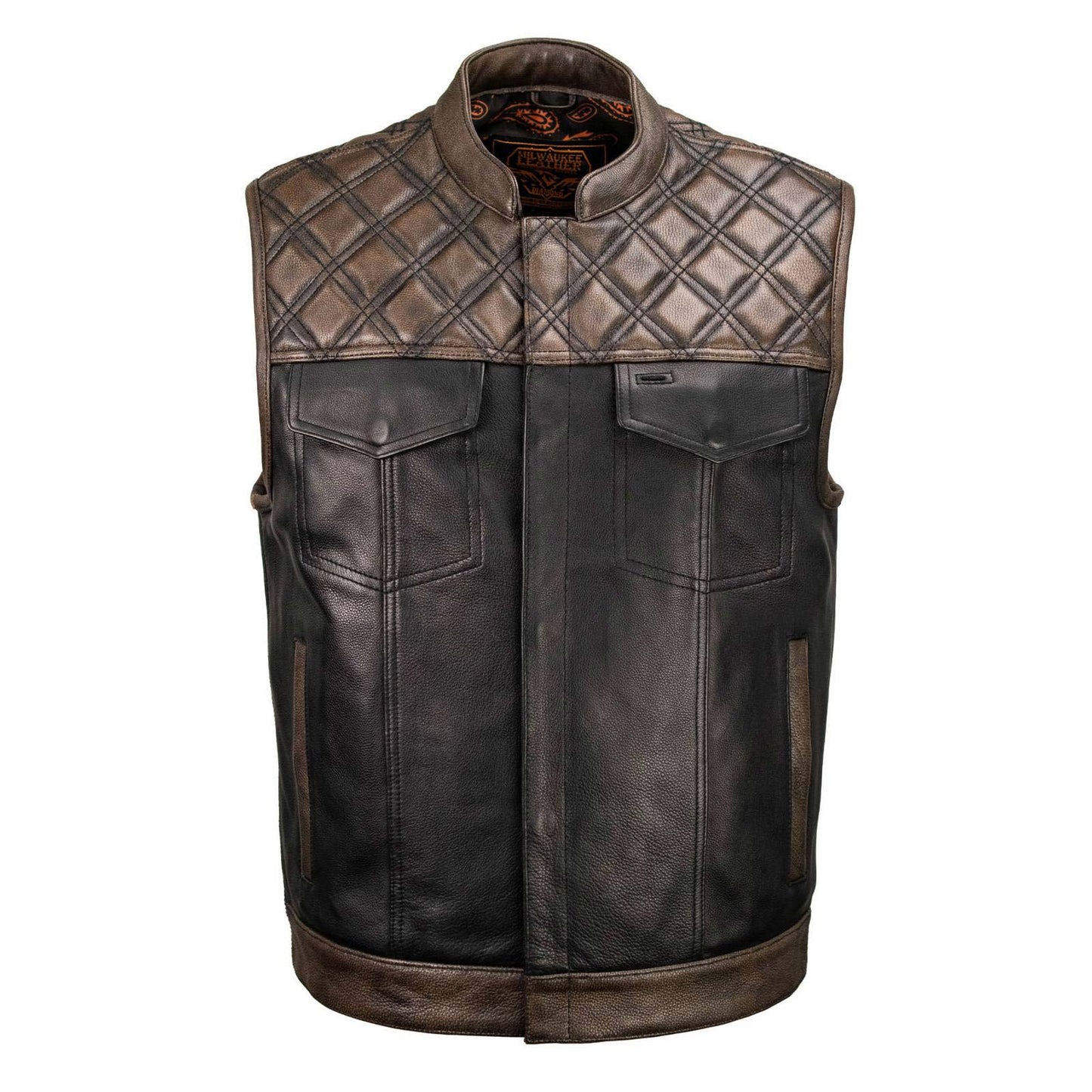 Milwaukee Leather MLM3528 Men's Black Paisley Lined Leather Vest w/ Neon Green Stitching & Armhole Trim