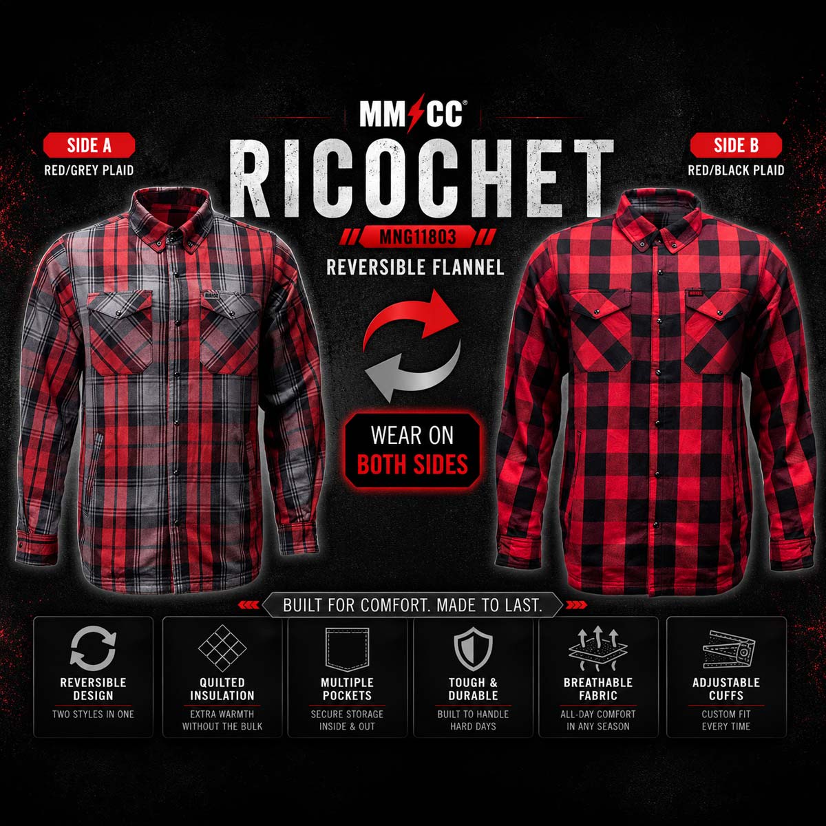 MMCC Men's Ricochet Cotton Reversible Flannel Shirt - MNG11803