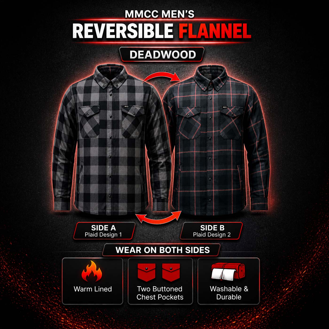 MMCC Men's Desperado Reversible Flannel Shirt - 100% Cotton Snap Front Plaid w/ Chest and Hand Pockets - MNG11805