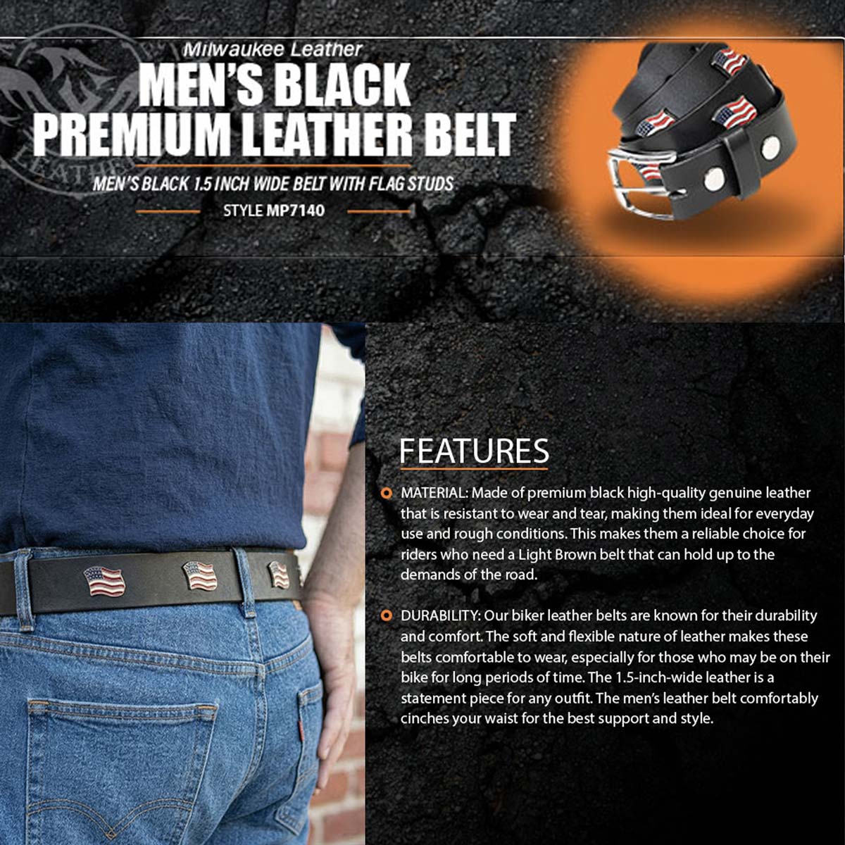 Milwaukee Leather Men's Freedom Line Black Leather Belt with USA Flag Emblems - 1.5 Inch - MP7140