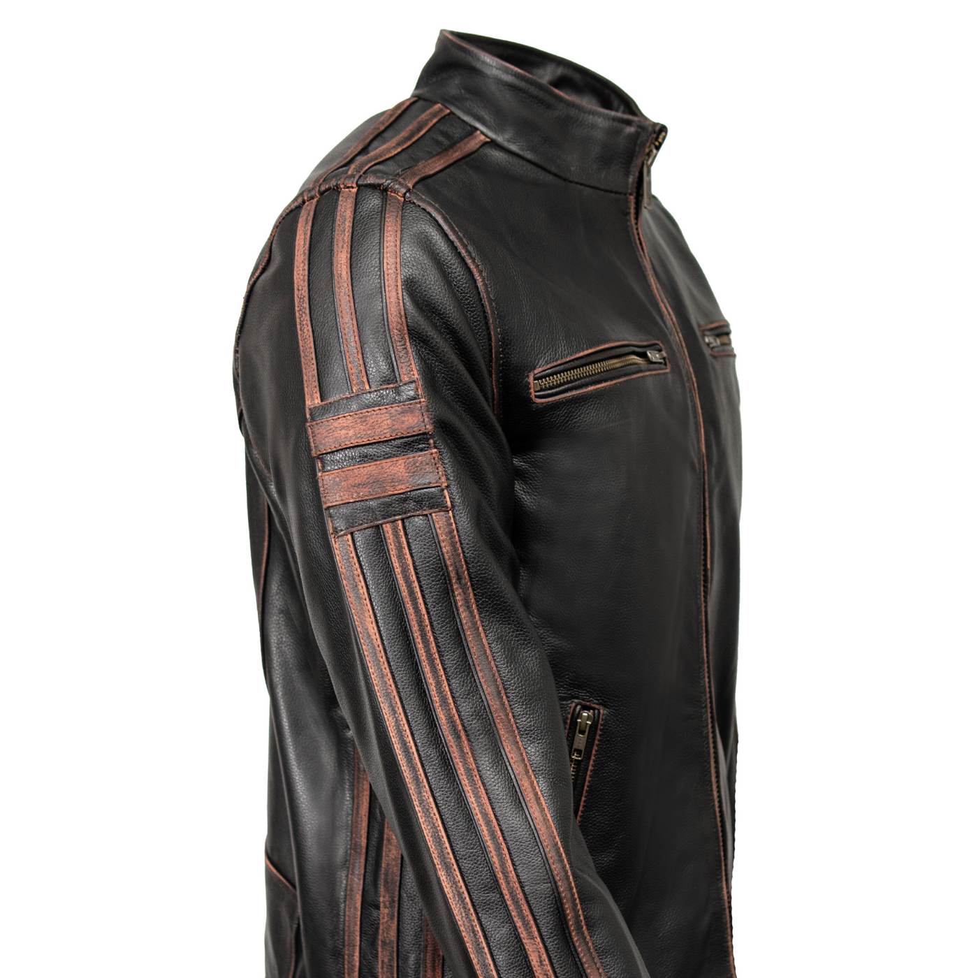 Milwaukee Leather Men’s Copperline Black Leather Moto Café Racer Jacket, Stand Collar, 6 Pockets - SFM1816