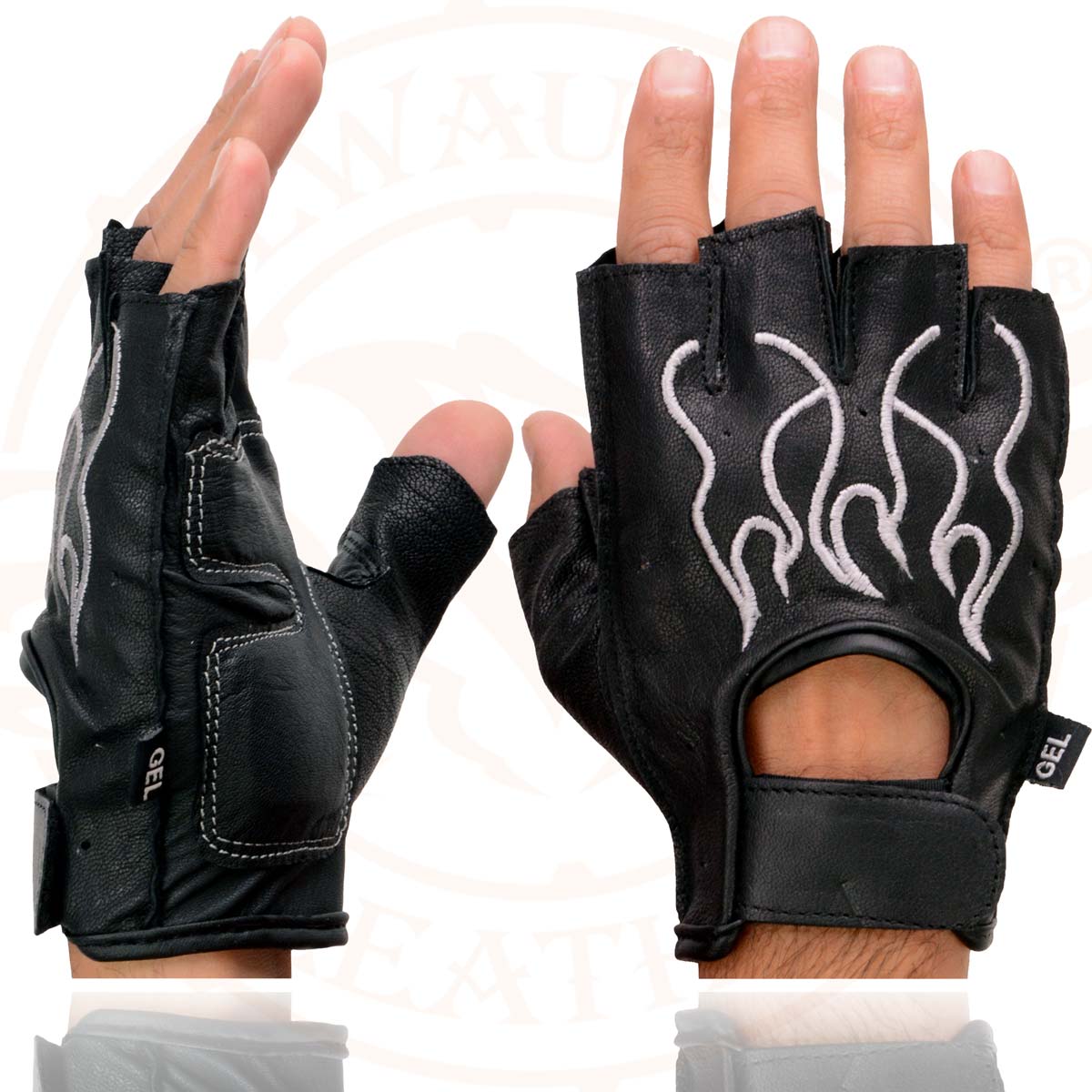 Milwaukee Leather SH198 Men's Black Leather Gel Padded Palm Fingerless Motorcycle Gloves w/ Grey Flame Embroidery