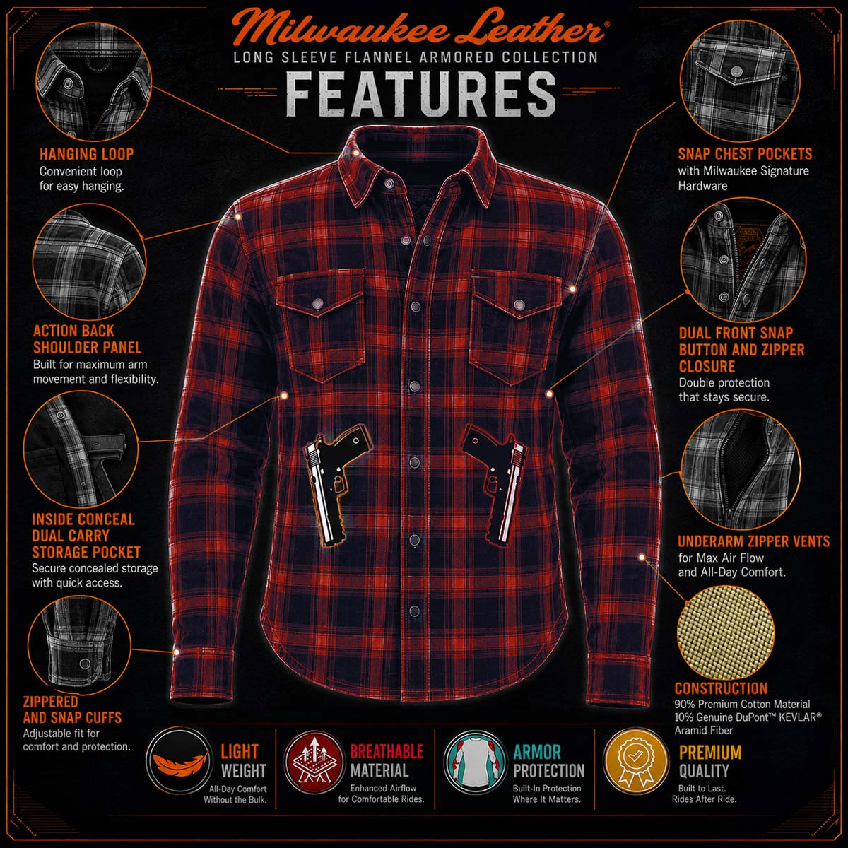 Milwaukee Leather MPM1631 Men's Plaid Flannel Biker Shirt with CE Approved Armor - Reinforced w/ Aramid Fiber