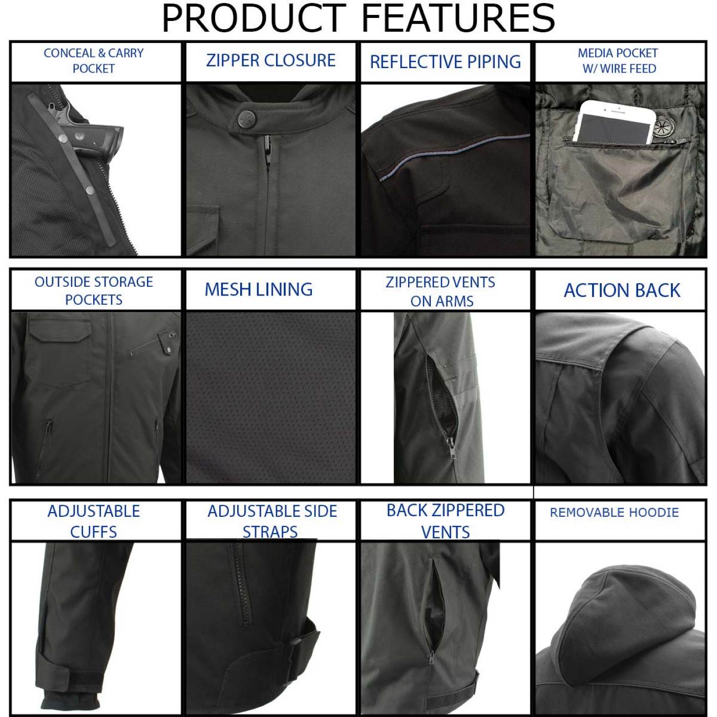 Milwaukee Leather Men's Flight 1300D Nylon Motorcycle Jacket with CE Armor and Removable Hoodie - MPM17017