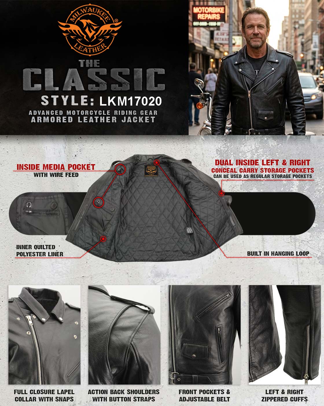Milwaukee Leather Men's Classic Armored Black Leather Motorcycle Jacket w/ CE Armor - LKM17020