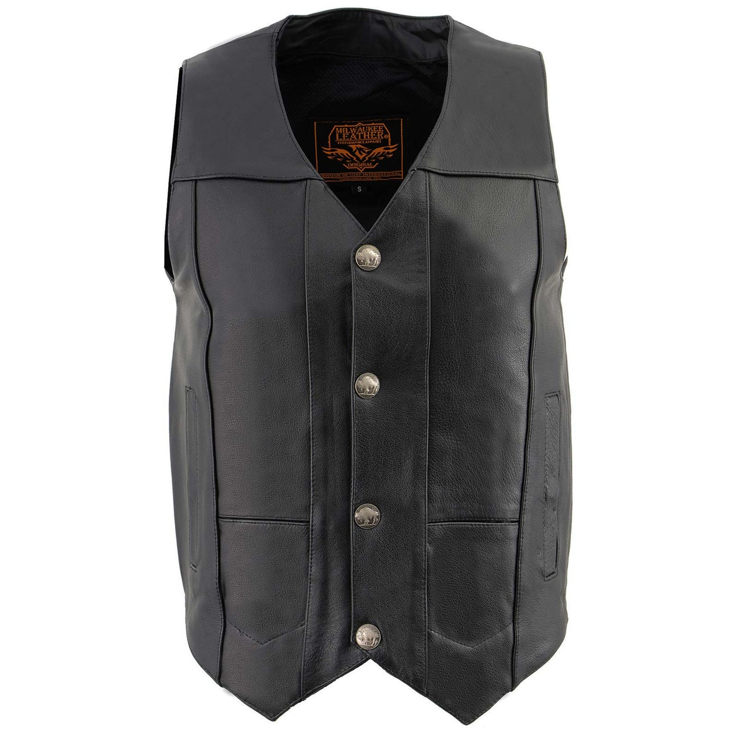 Milwaukee Leather LKM3700 Men's Classic Black Leather Motorcycle Rider Vest w/ Buffalo Nickel Snaps Closure