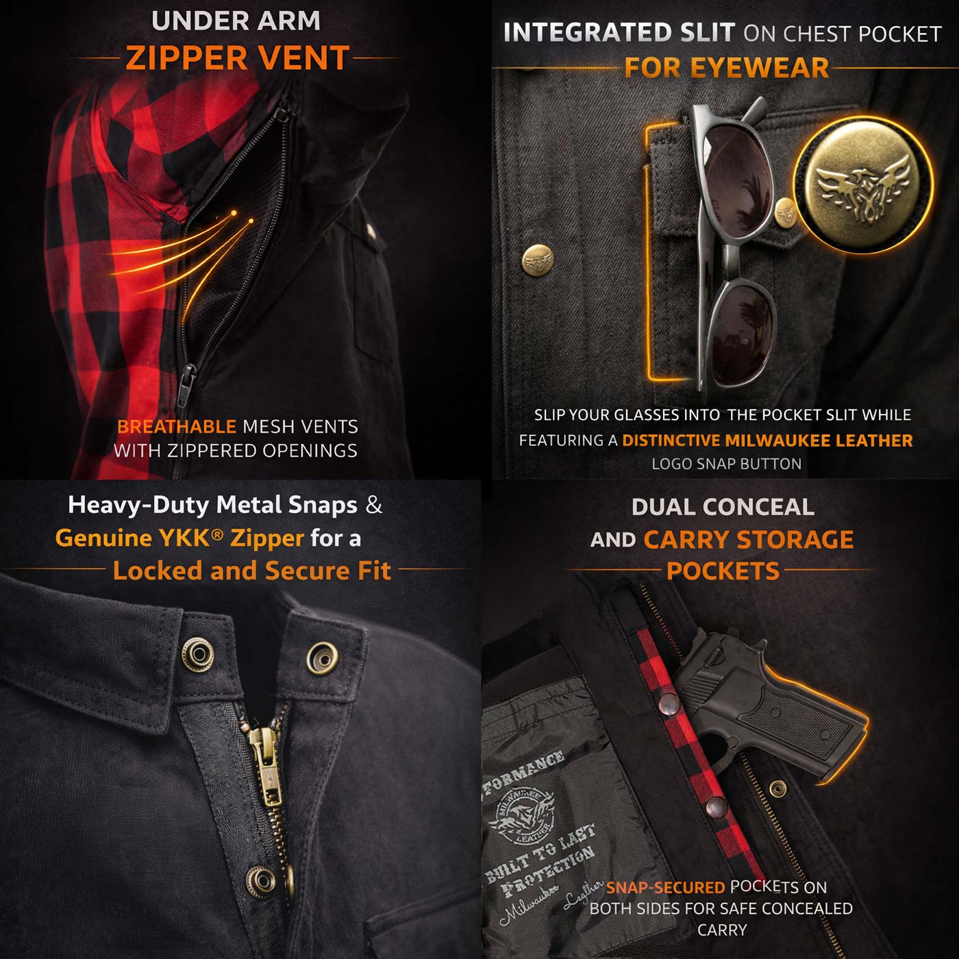 Milwaukee Leather Men’s Two-Tone CE Armored Flannel - Solid Front / Plaid Back - Reinforced w/ Aramid Fibers - MPM1671