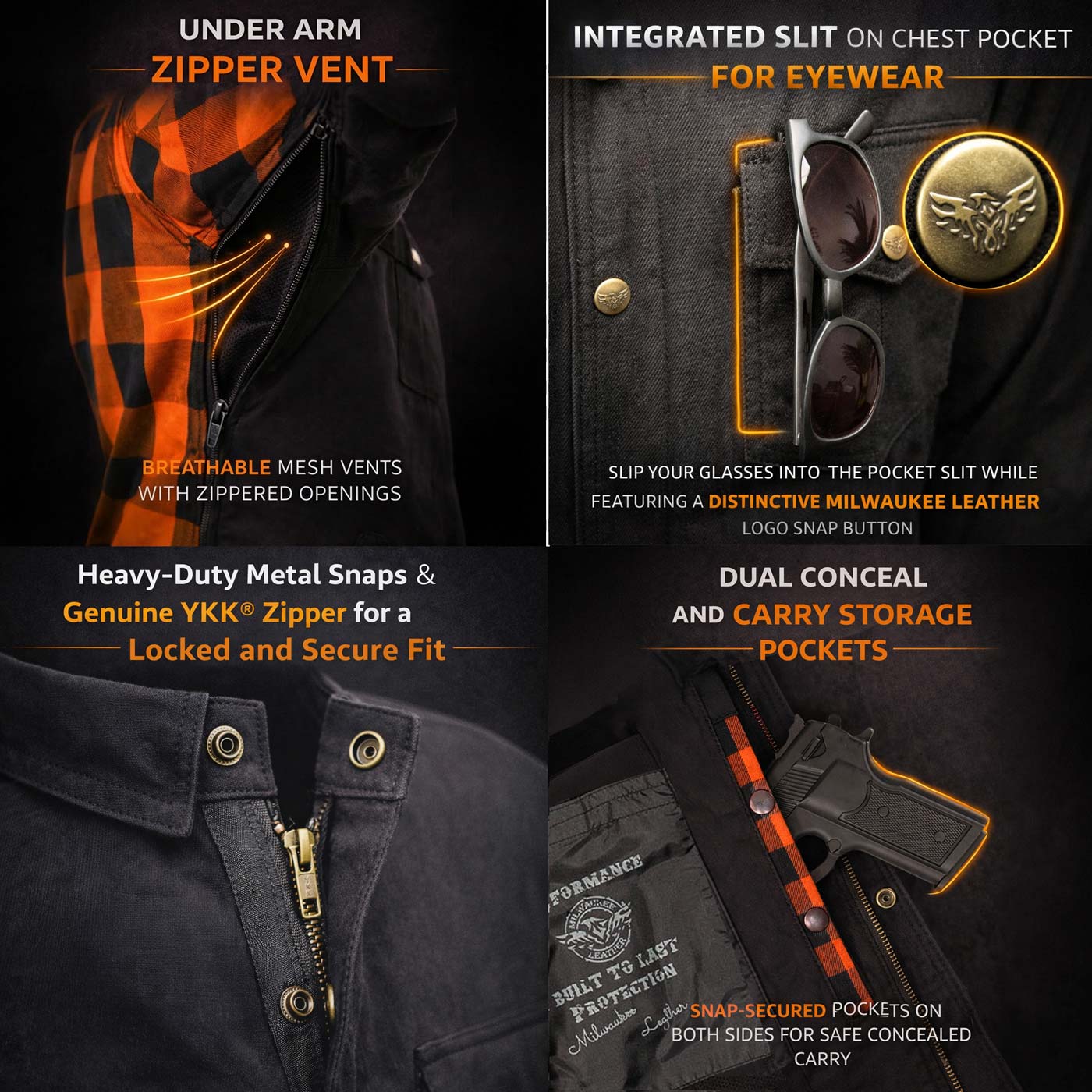 Milwaukee Leather Men’s Two-Tone CE Armored Flannel - Solid Front / Plaid Back - Reinforced w/ Aramid Fibers - MPM1672