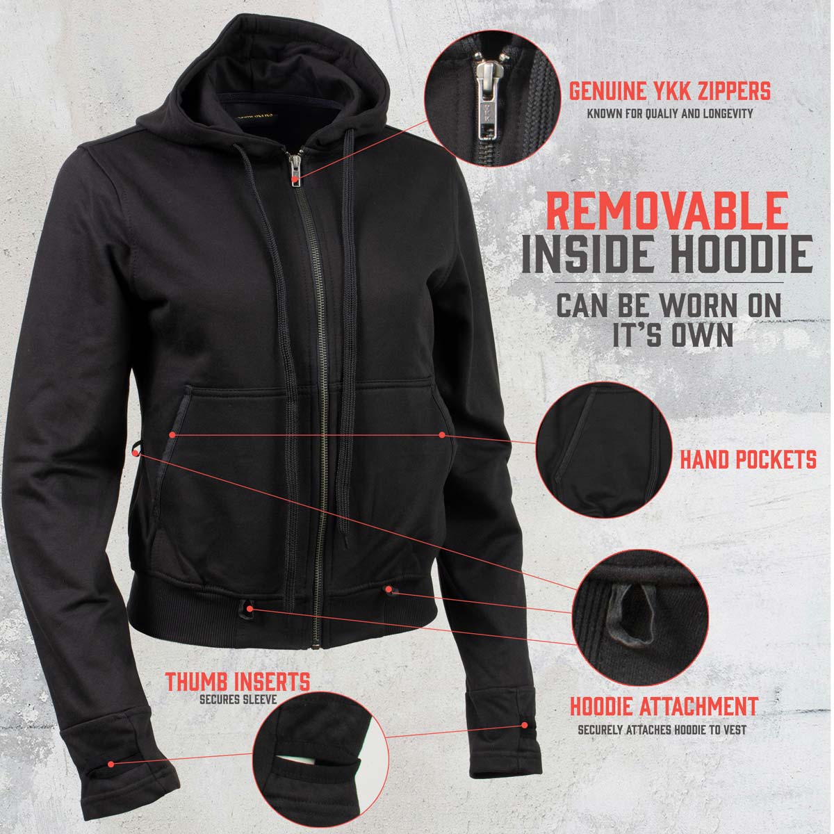 Milwaukee Leather Women's Tara Black Leather Motorcycle Rider 2-in-1 Convertible Hoodie Jacket Vest