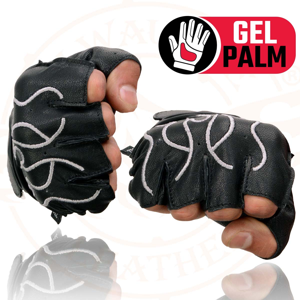 Milwaukee Leather SH198 Men's Black Leather Gel Padded Palm Fingerless Motorcycle Gloves w/ Grey Flame Embroidery