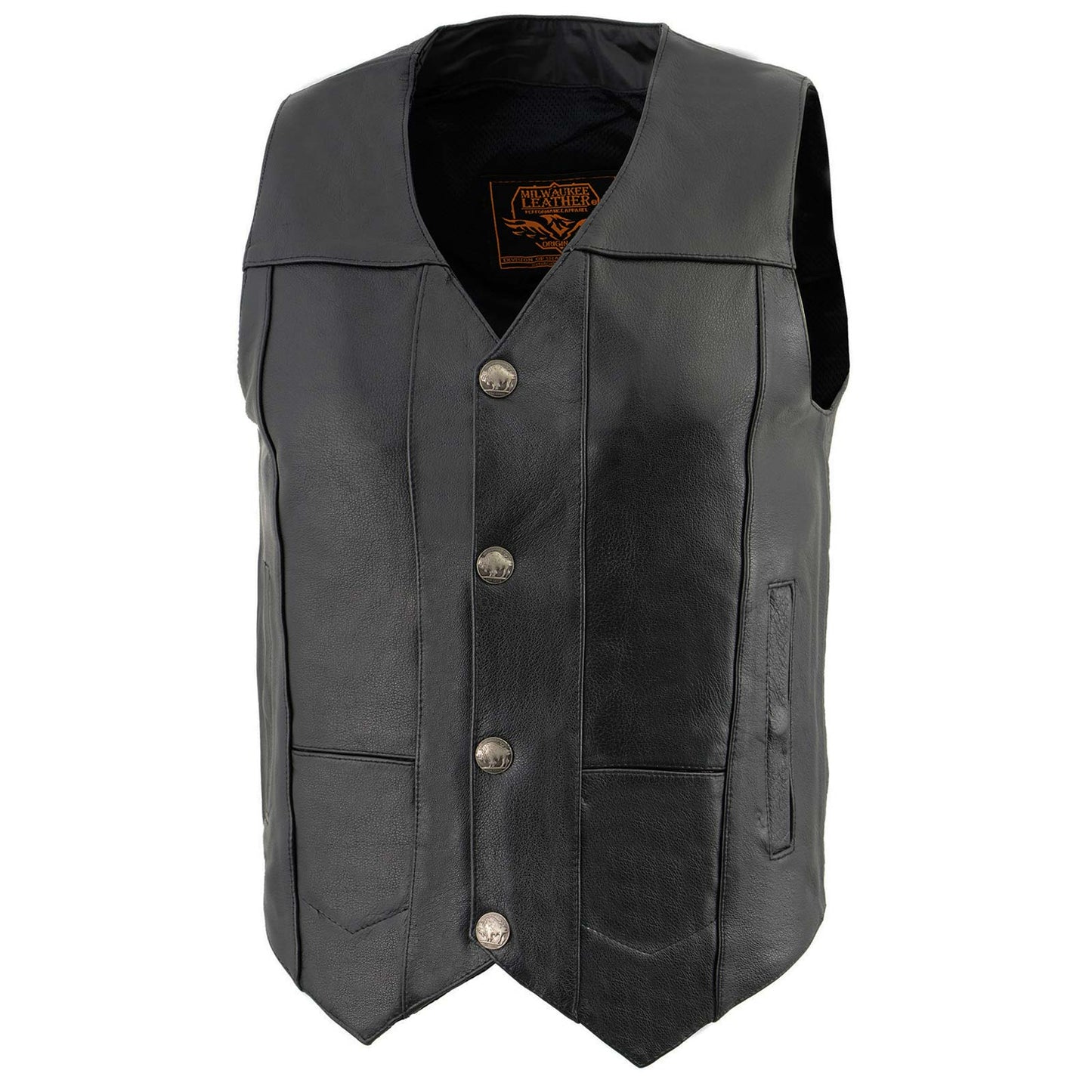 Milwaukee Leather LKM3700 Men's Classic Black Leather Motorcycle Rider Vest w/ Buffalo Nickel Snaps Closure