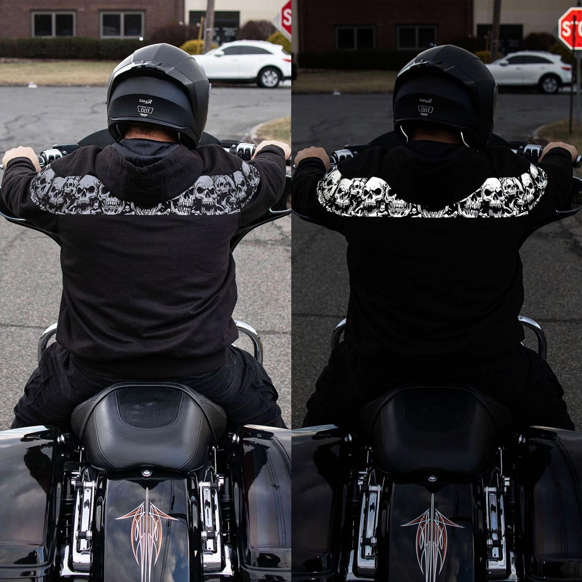 Milwaukee Leather Men's Bare Bones Black Reflective Skull CE Armored Riding Hoodie, Shoulder and Elbow Armor - MPM1798