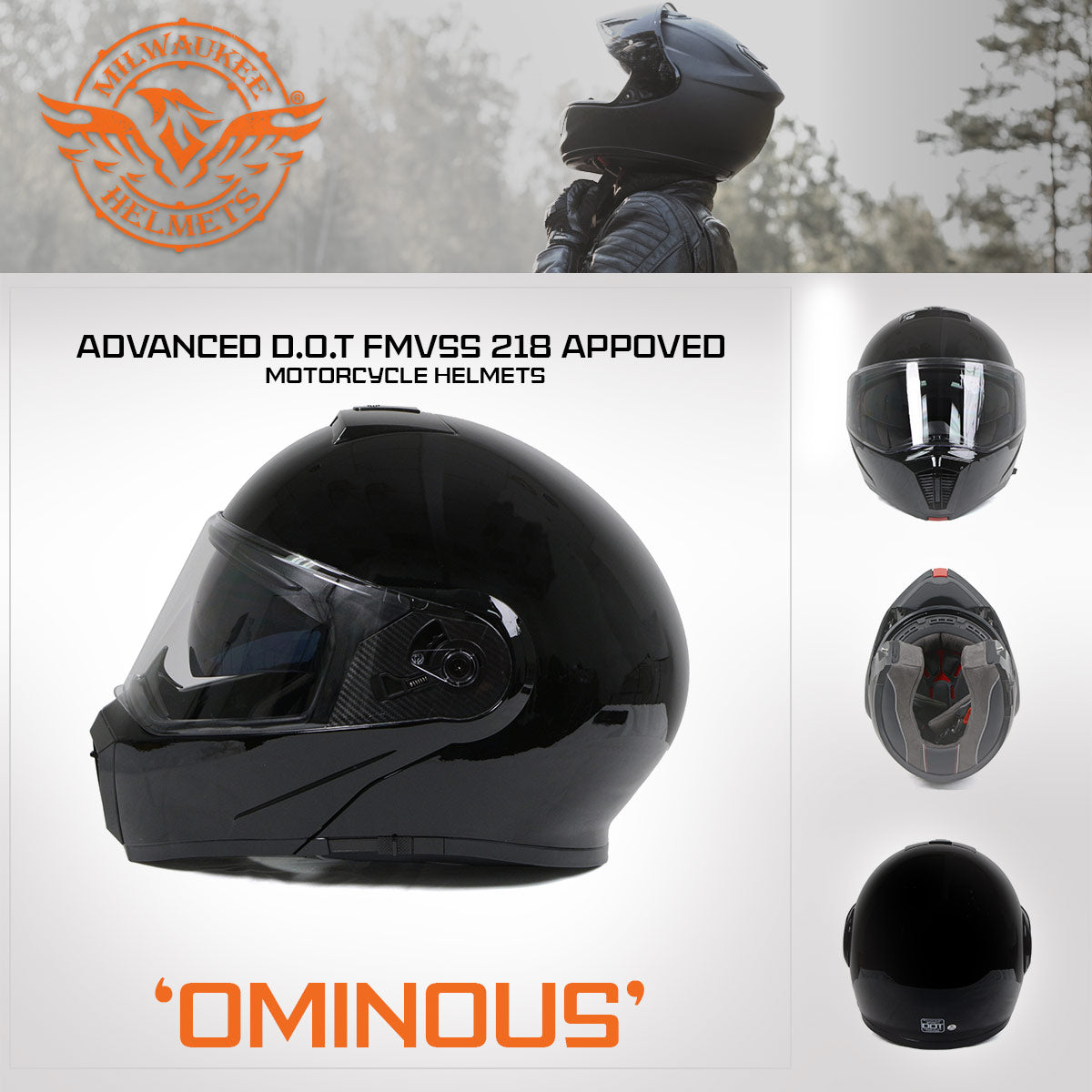 Milwaukee Helmets Gloss Black Menace Advanced Motorcycle Modular Helmet w/Drop Down Visor DOT Approved MPH9813DOT