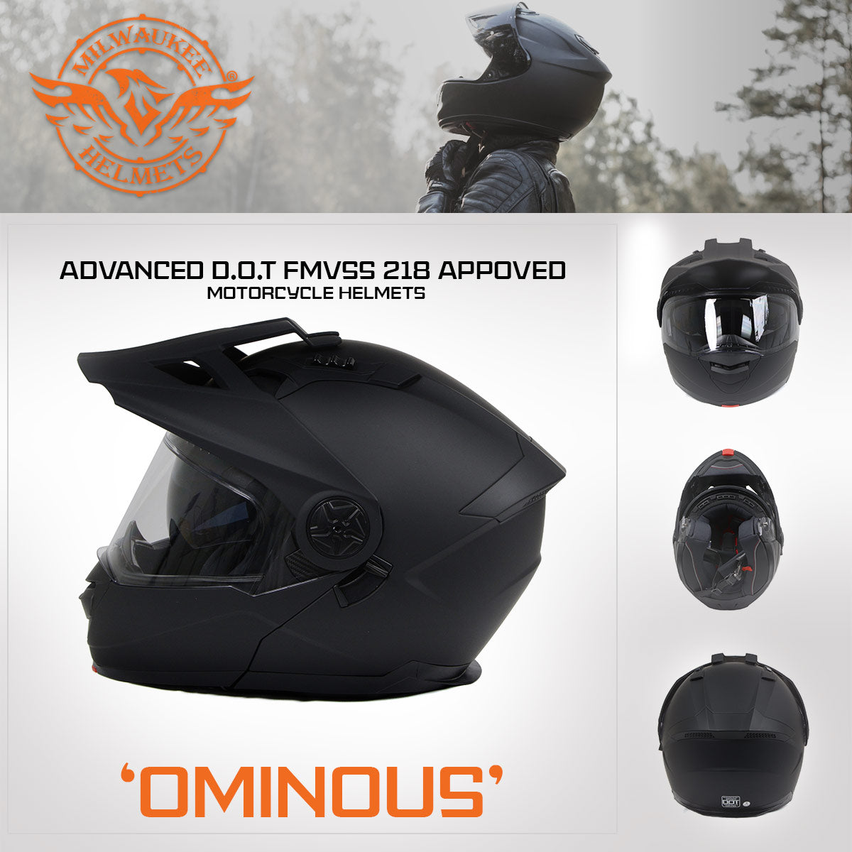 Milwaukee Helmets MPH9820DOT Flat Black Ominous Dual Sport Advanced Motorcycle Modular Helmet Biker