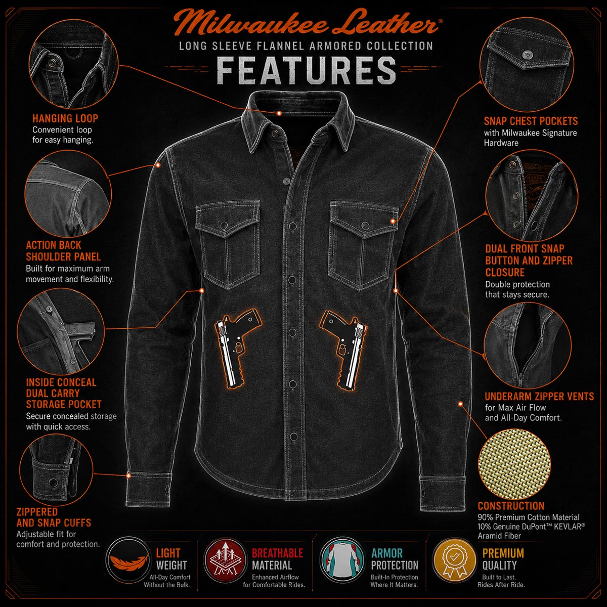 Milwaukee Leather MPM1620 Men's Black Flannel Biker Shirt w/ CE Approved Armor - Reinforced w/ Aramid Fibers