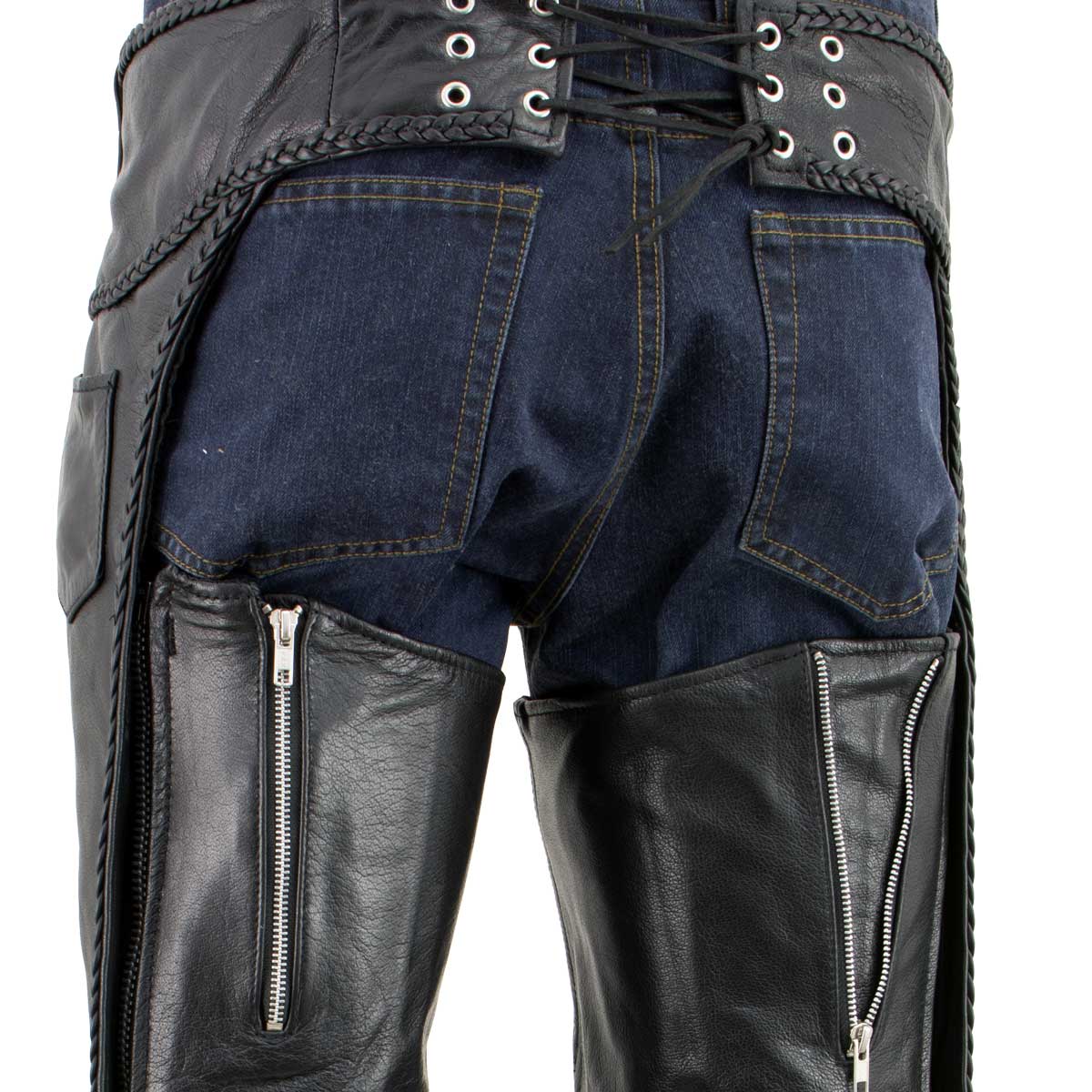 Milwaukee Leather Men's Braidline Black Buffalo Leather Motorcycle Chaps w/ Elastic Thigh Panels - LKM5724