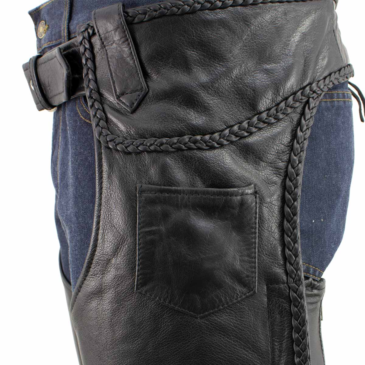 Milwaukee Leather Men's Braidline Black Buffalo Leather Motorcycle Chaps w/ Elastic Thigh Panels - LKM5724