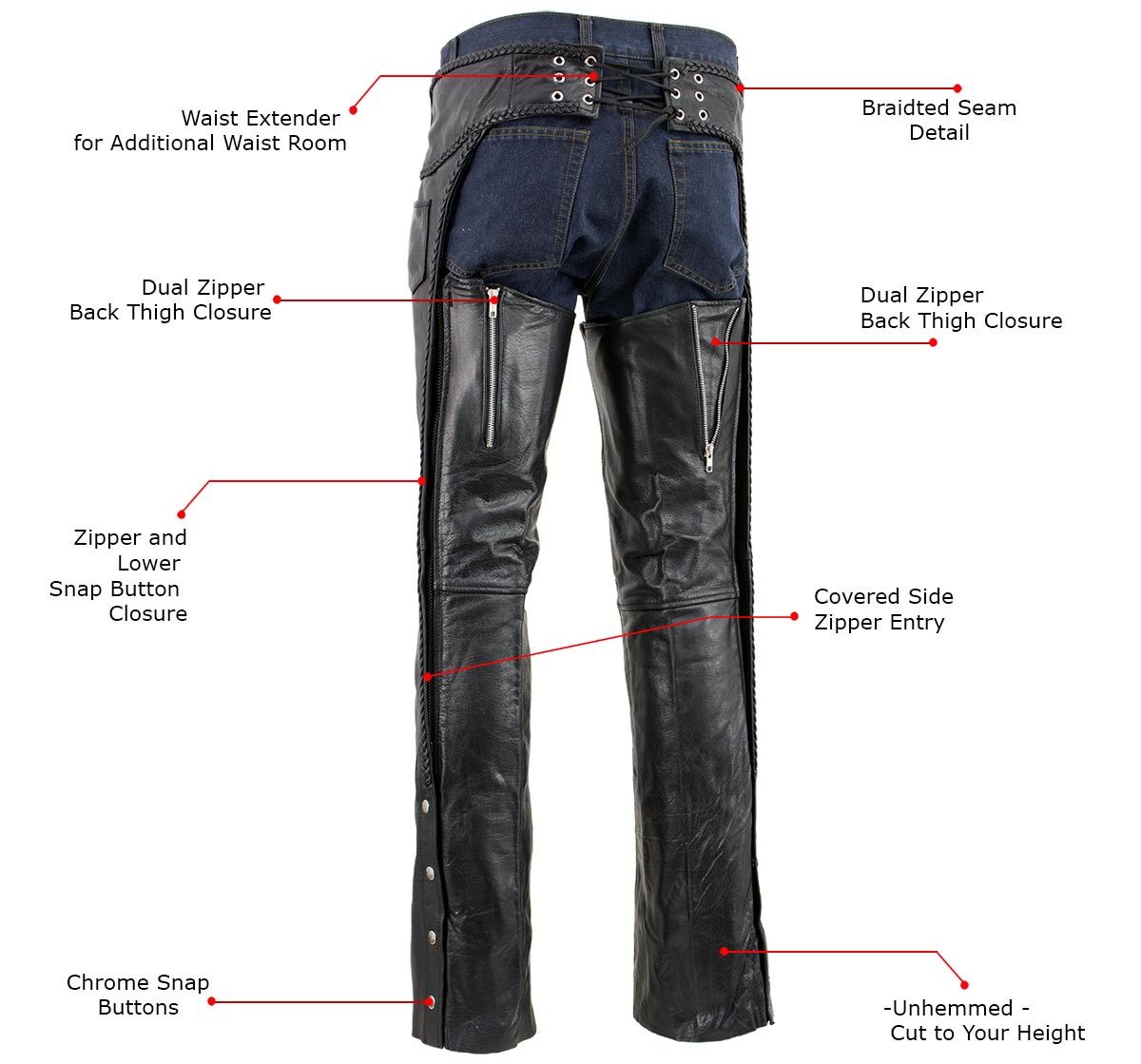 Milwaukee Leather Men's Braidline Black Buffalo Leather Motorcycle Chaps w/ Elastic Thigh Panels - LKM5724