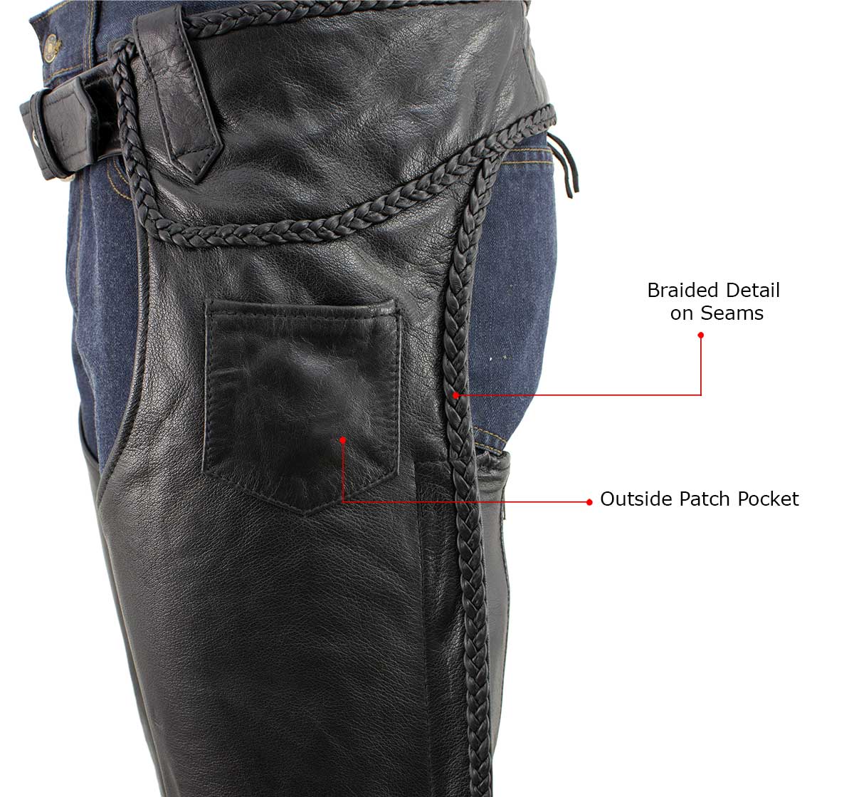 Milwaukee Leather Men's Braidline Black Buffalo Leather Motorcycle Chaps w/ Elastic Thigh Panels - LKM5724