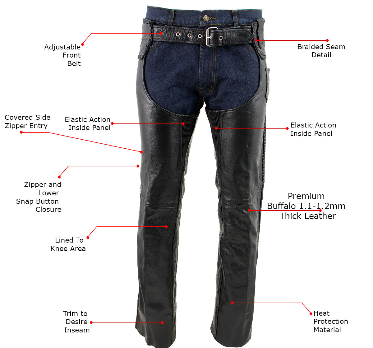 Milwaukee Leather Men's Braidline Black Buffalo Leather Motorcycle Chaps w/ Elastic Thigh Panels - LKM5724