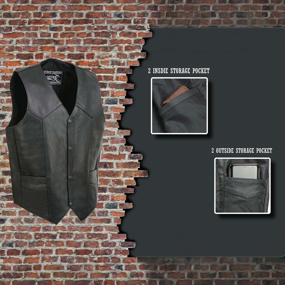 Event Leather EL1310GO Men's Black Leather Classic Snap Button Biker Vest