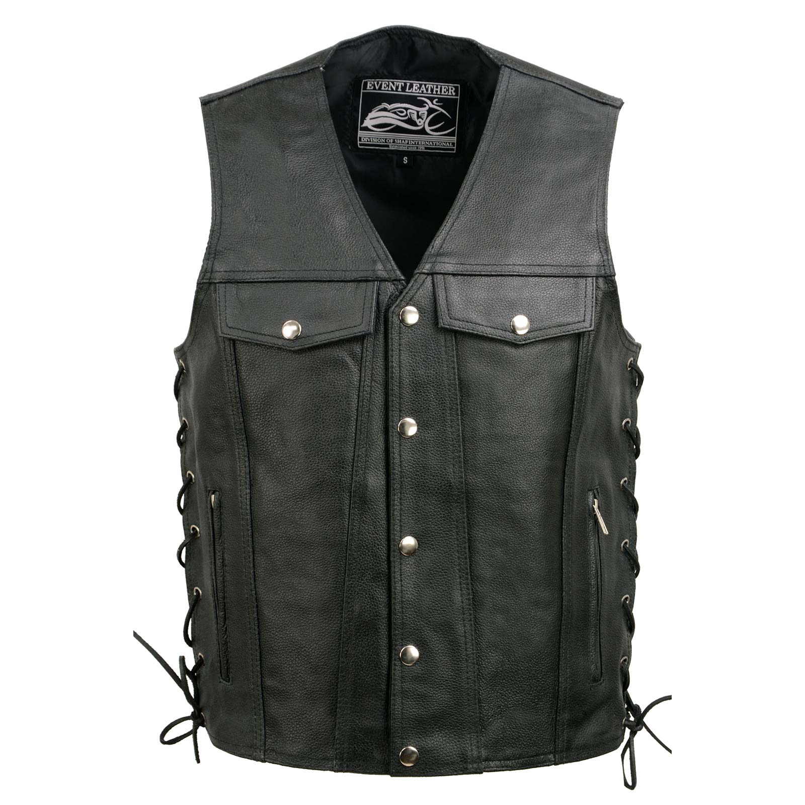 Event Leather EL5360 Black Motorcycle Leather Vest with Denim Style Pockets -Riding Club Adult Vests