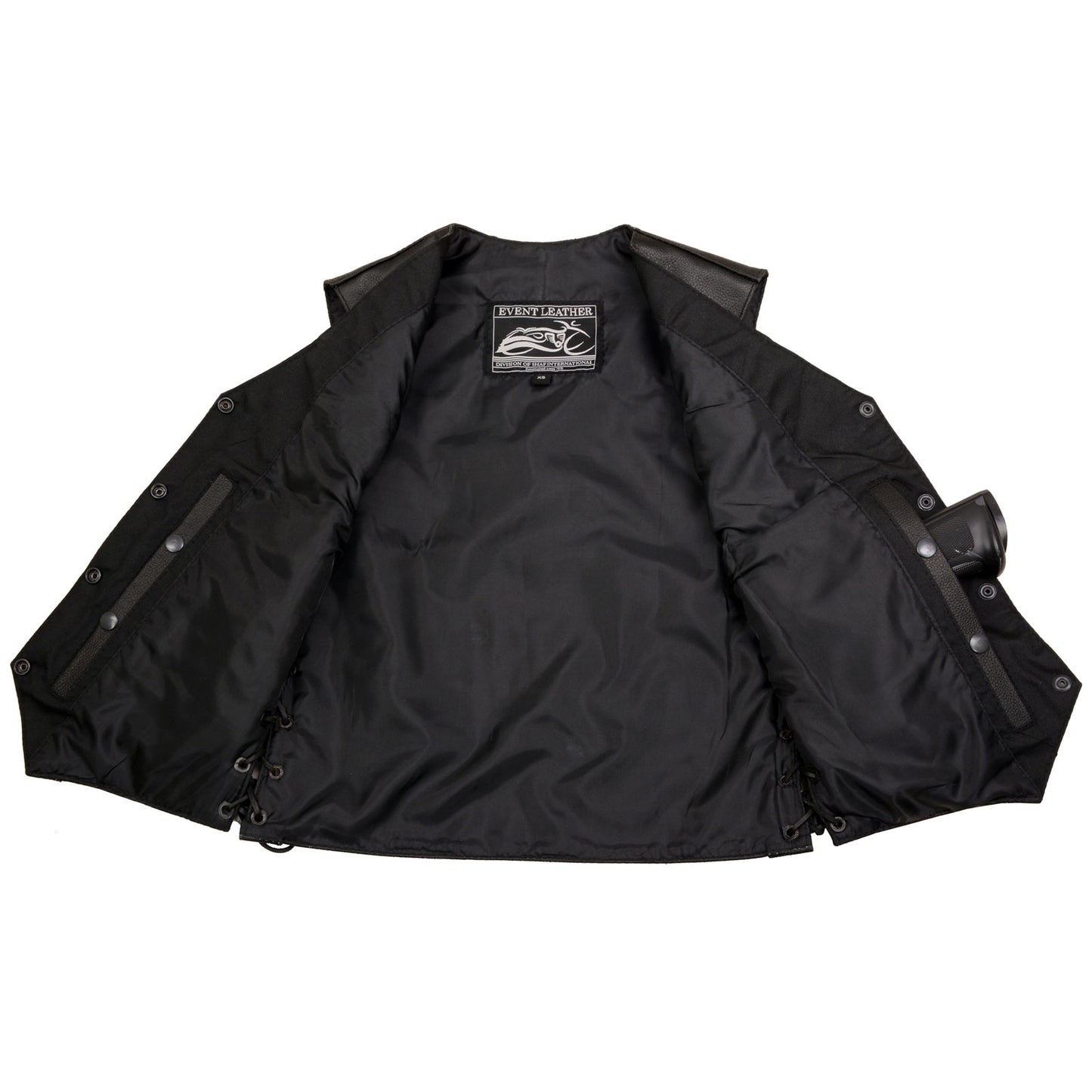 Event Leather ELL4900 Women's Classic Black Genuine Leather Side Laced Motorcycle Riders Vest w/ 9 Patches