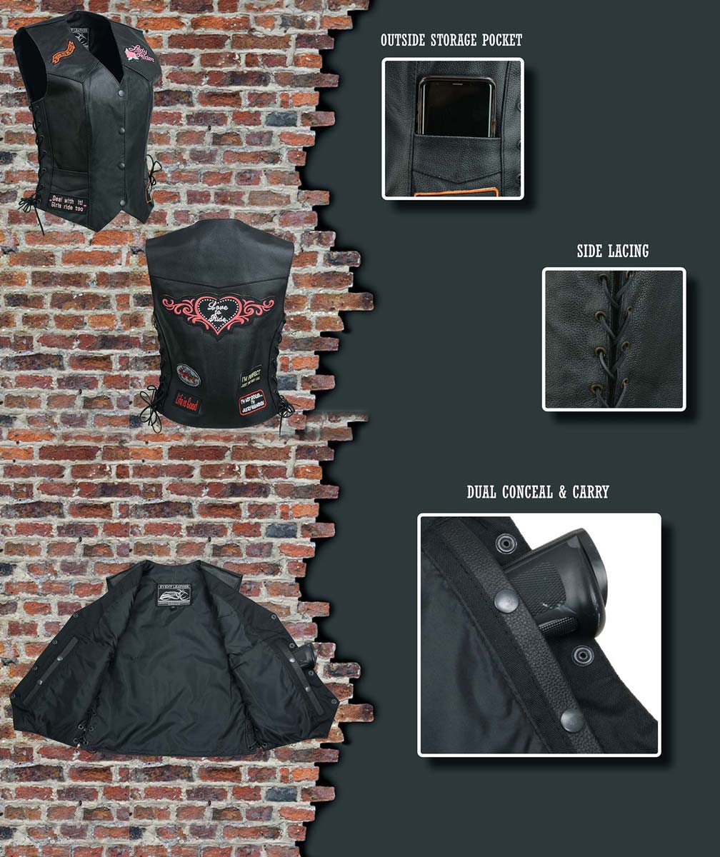 Event Leather | Genuine Leather Motorcycle Vest for Women w/ 9 Patches & 4 Pockets | Biker Vests w/ Conceal Carry ELL4900