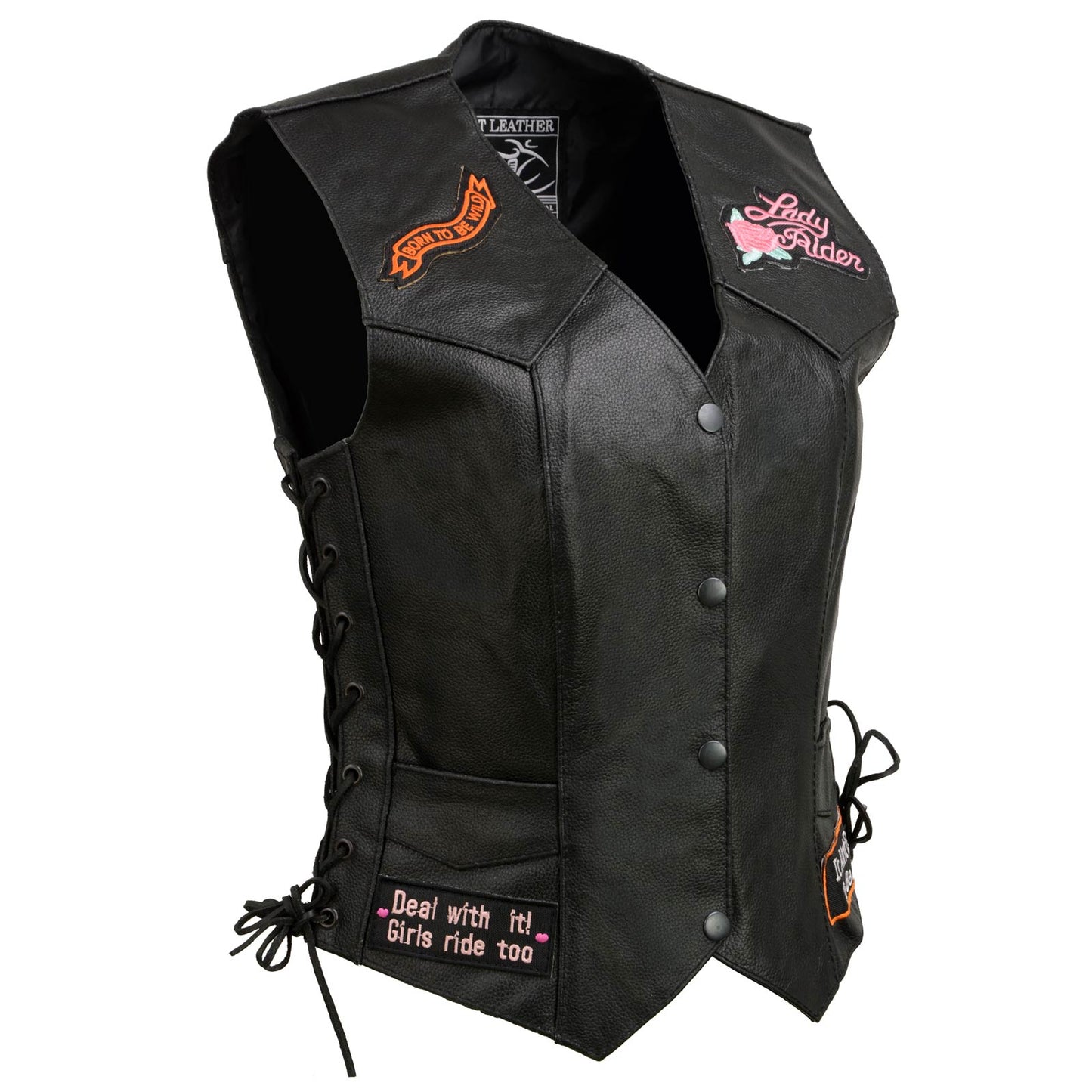 Event Leather ELL4900 Women's Classic Black Genuine Leather Side Laced Motorcycle Riders Vest w/ 9 Patches