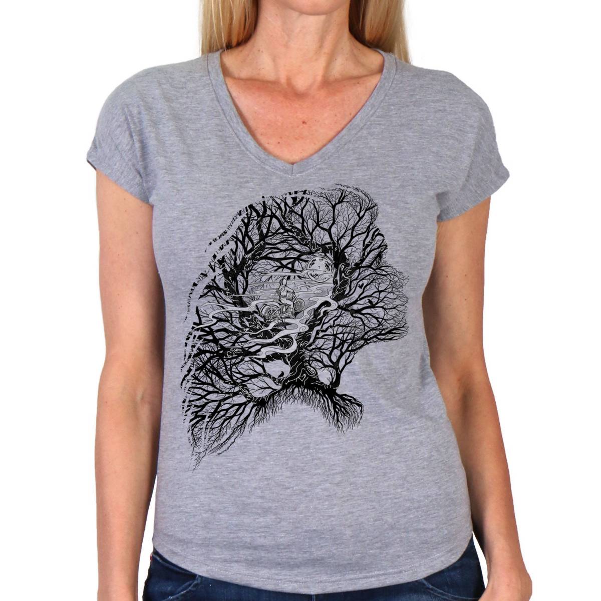 Hot Leathers GLC1591 Ladies Heather Gray Riding Tree Silhouette V Neck T-Shirt