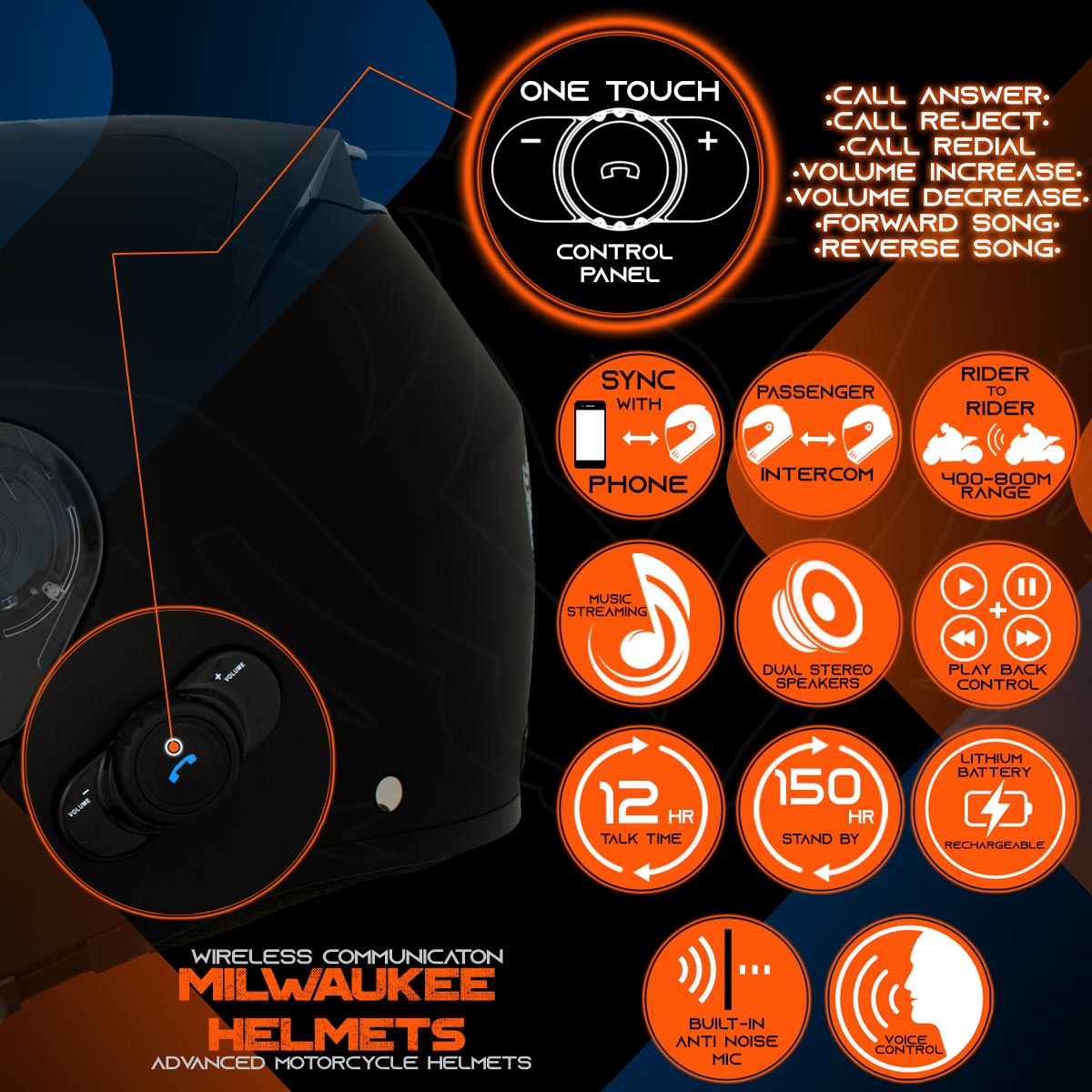 Milwaukee Helmets H7000 Glossy Black Mayday Modular Full Face Wireless Motorcycle Helmet-Stream Music-Phone Calls