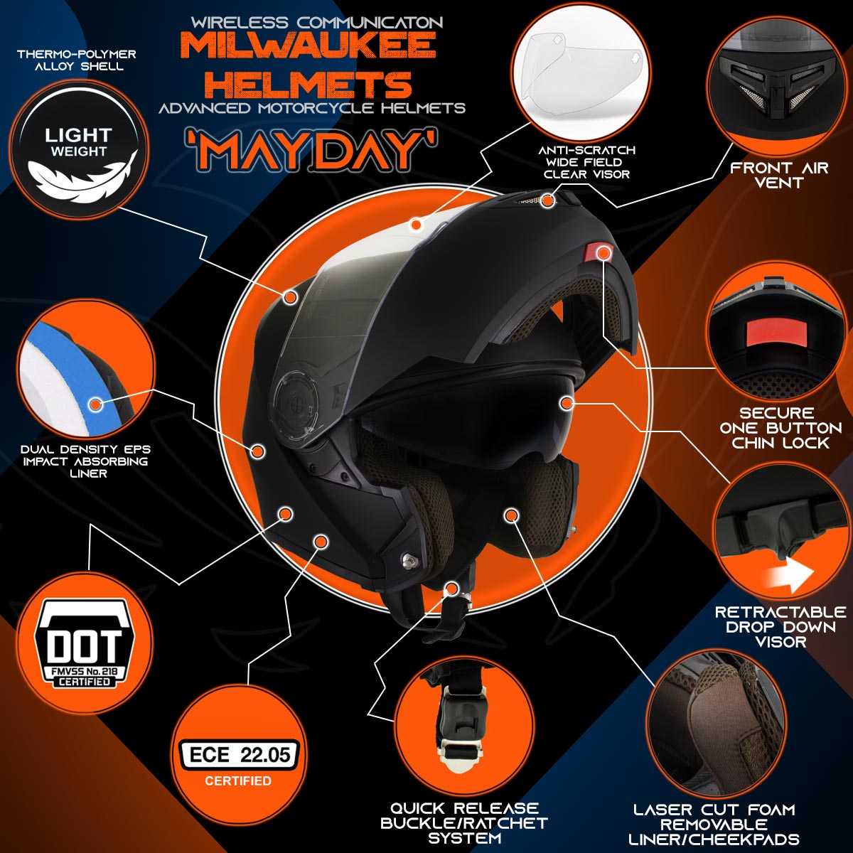 Milwaukee Helmets H7000 Glossy Black Mayday Modular Full Face Wireless Motorcycle Helmet-Stream Music-Phone Calls