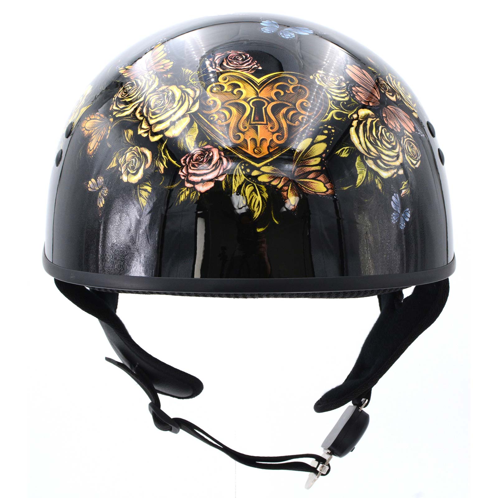 dot approved leather motorcycle helmets Hot Leathers HLD1034 Butterfly Lock Gloss Black Motorcycle DOT Approved Skull Cap Half Biker Helmet